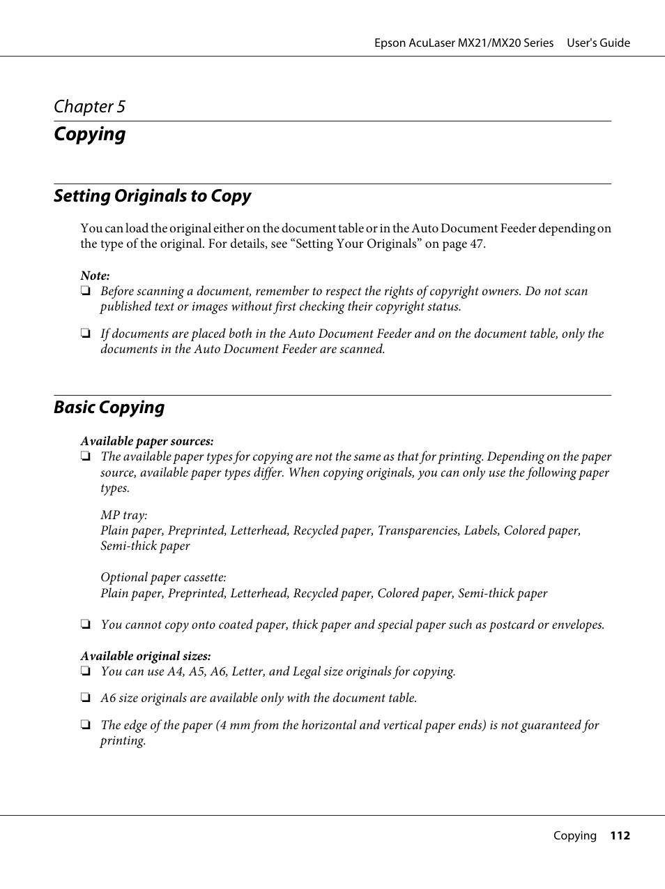 Copying, Setting originals to copy, Basic copying | Chapter 5 copying, Setting originals to copy basic copying, Chapter 5 | Epson AcuLaser MX20DNF User Manual | Page 112 / 286