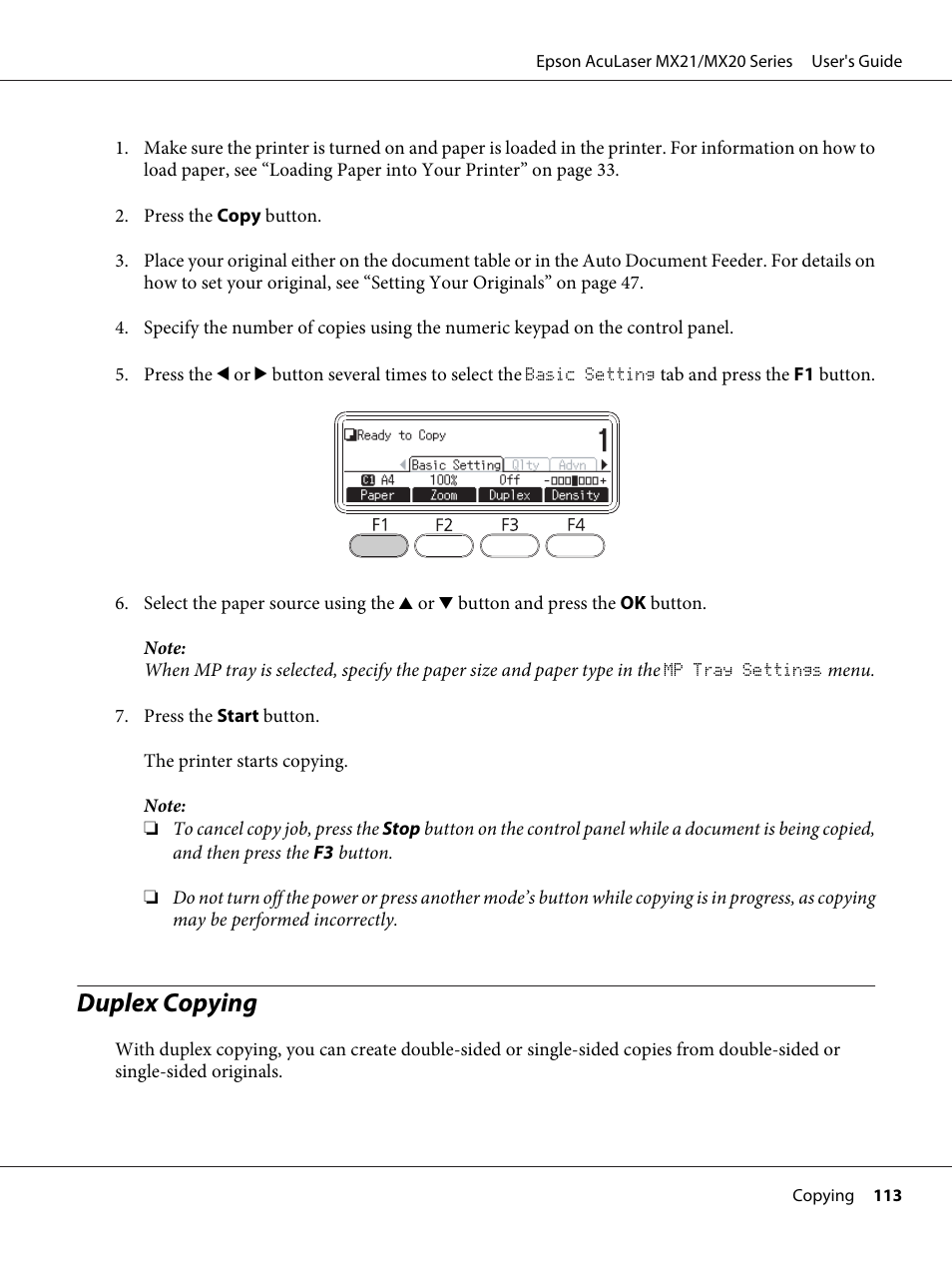 Duplex copying | Epson AcuLaser MX20DNF User Manual | Page 113 / 286