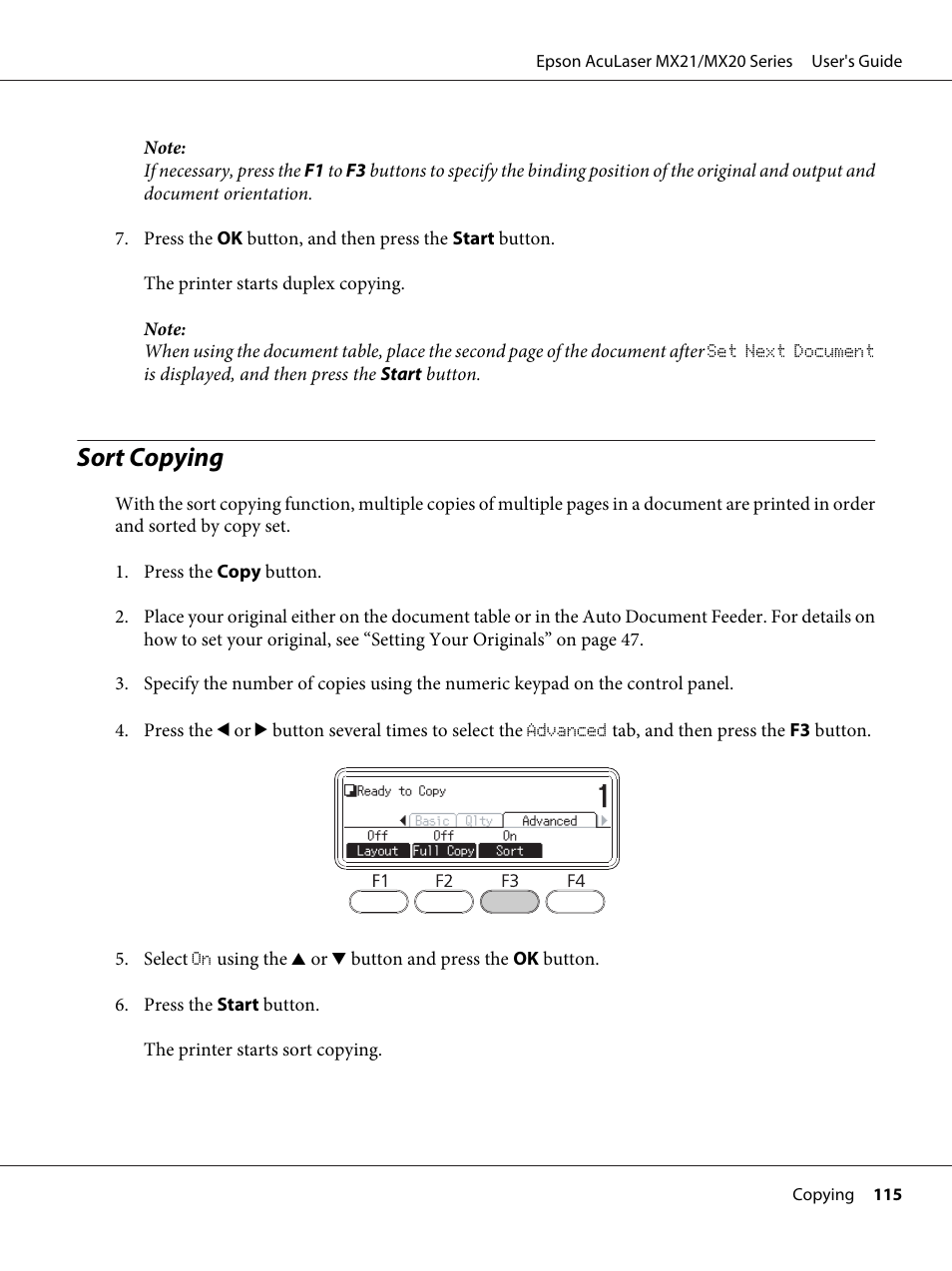 Sort copying | Epson AcuLaser MX20DNF User Manual | Page 115 / 286