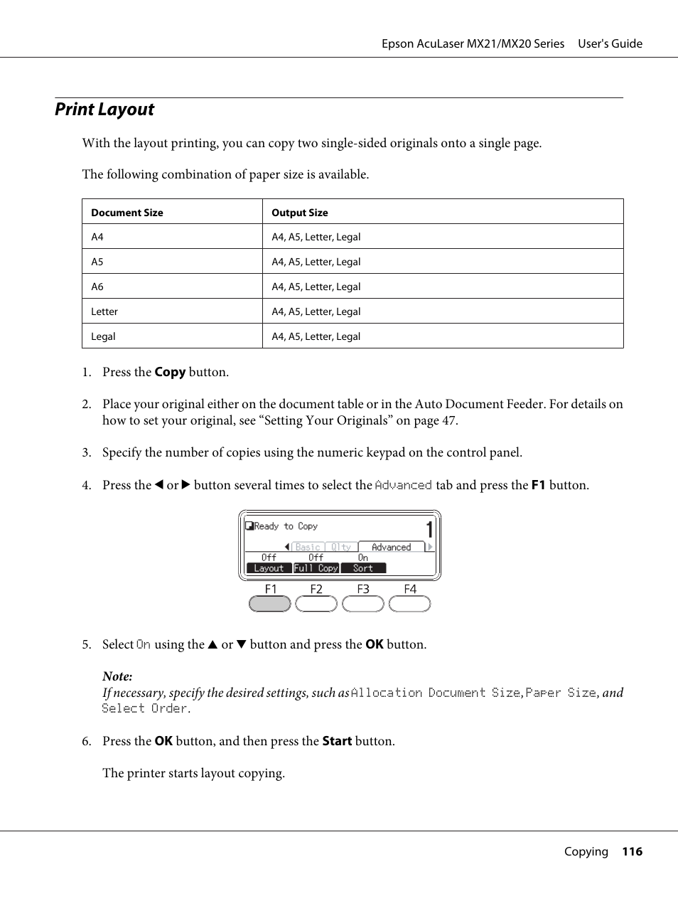 Print layout | Epson AcuLaser MX20DNF User Manual | Page 116 / 286