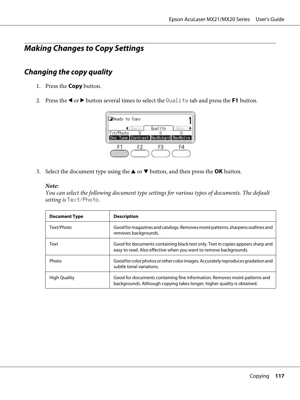 Making changes to copy settings, Changing the copy quality | Epson AcuLaser MX20DNF User Manual | Page 117 / 286