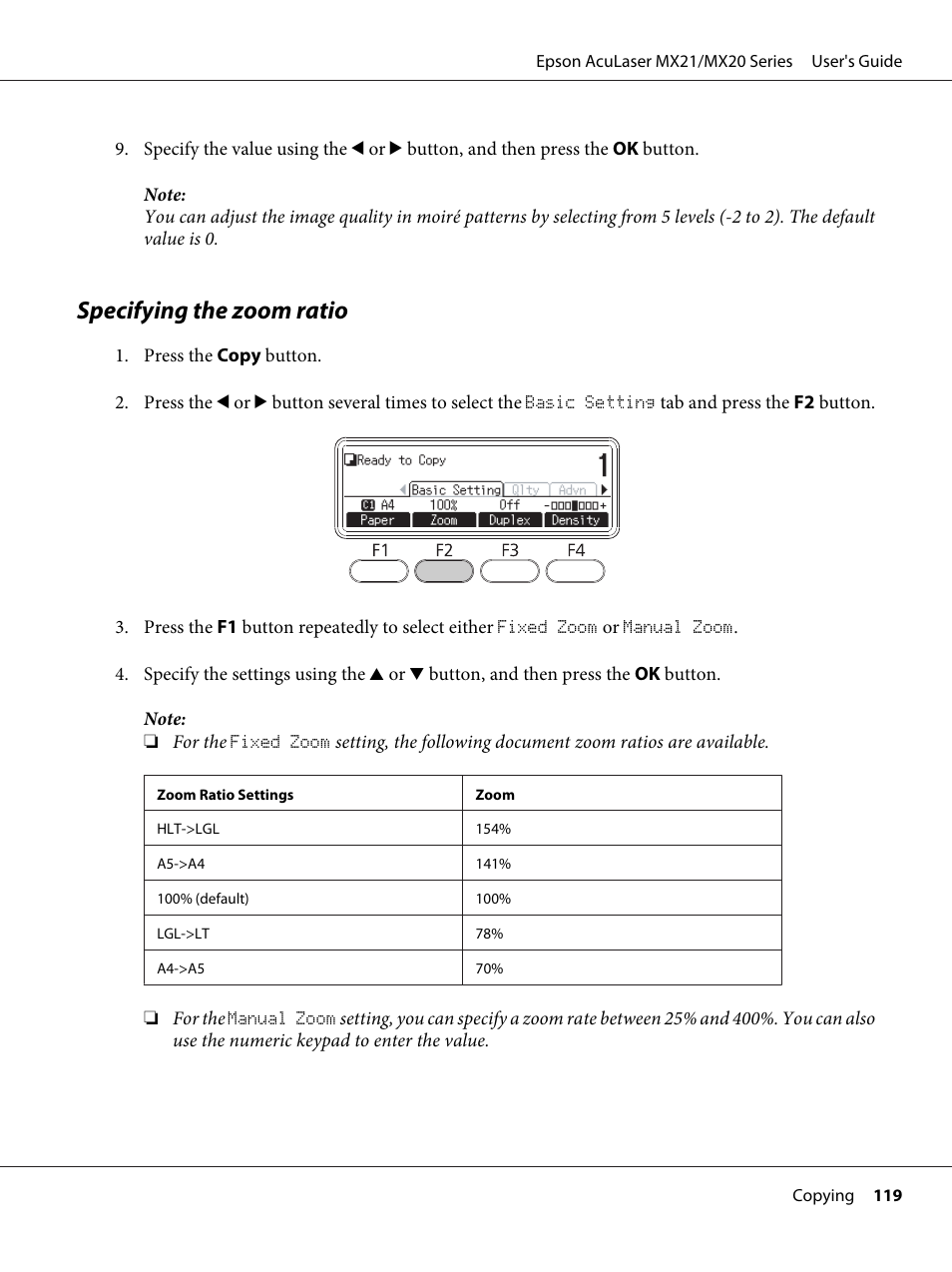 Specifying the zoom ratio | Epson AcuLaser MX20DNF User Manual | Page 119 / 286