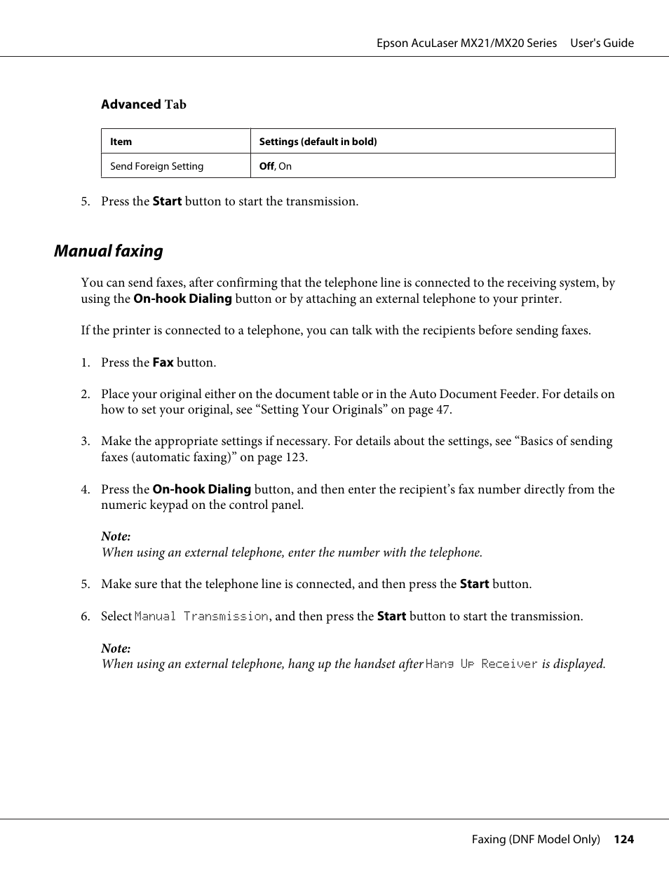 Manual faxing | Epson AcuLaser MX20DNF User Manual | Page 124 / 286