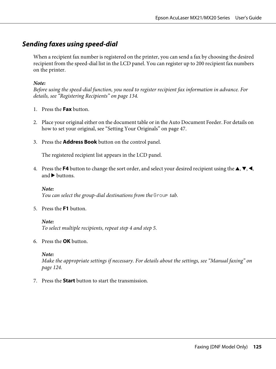 Sending faxes using speed-dial | Epson AcuLaser MX20DNF User Manual | Page 125 / 286