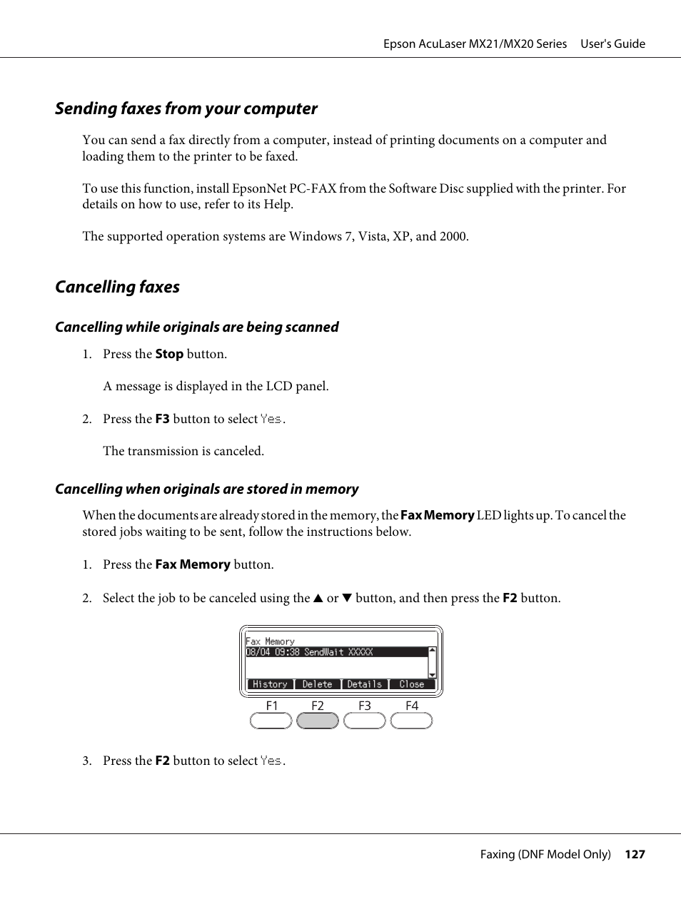 Sending faxes from your computer, Cancelling faxes, Sending faxes from your computer cancelling faxes | Epson AcuLaser MX20DNF User Manual | Page 127 / 286