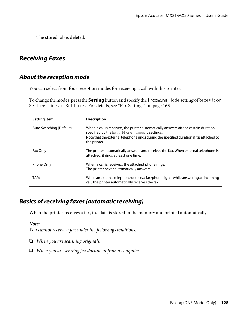 Receiving faxes, About the reception mode, Basics of receiving faxes (automatic receiving) | Epson AcuLaser MX20DNF User Manual | Page 128 / 286