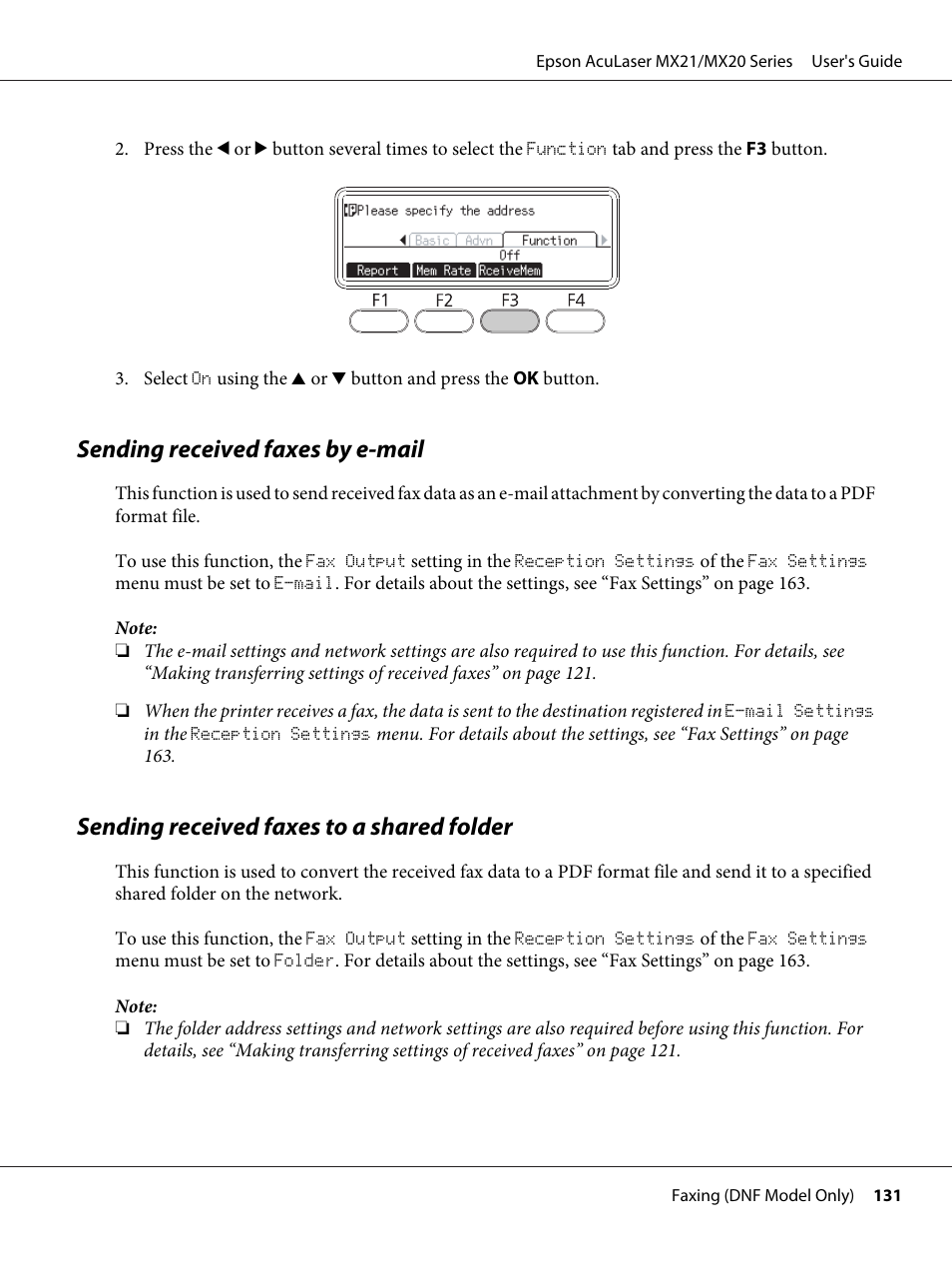 Sending received faxes by e-mail, Sending received faxes to a shared folder | Epson AcuLaser MX20DNF User Manual | Page 131 / 286