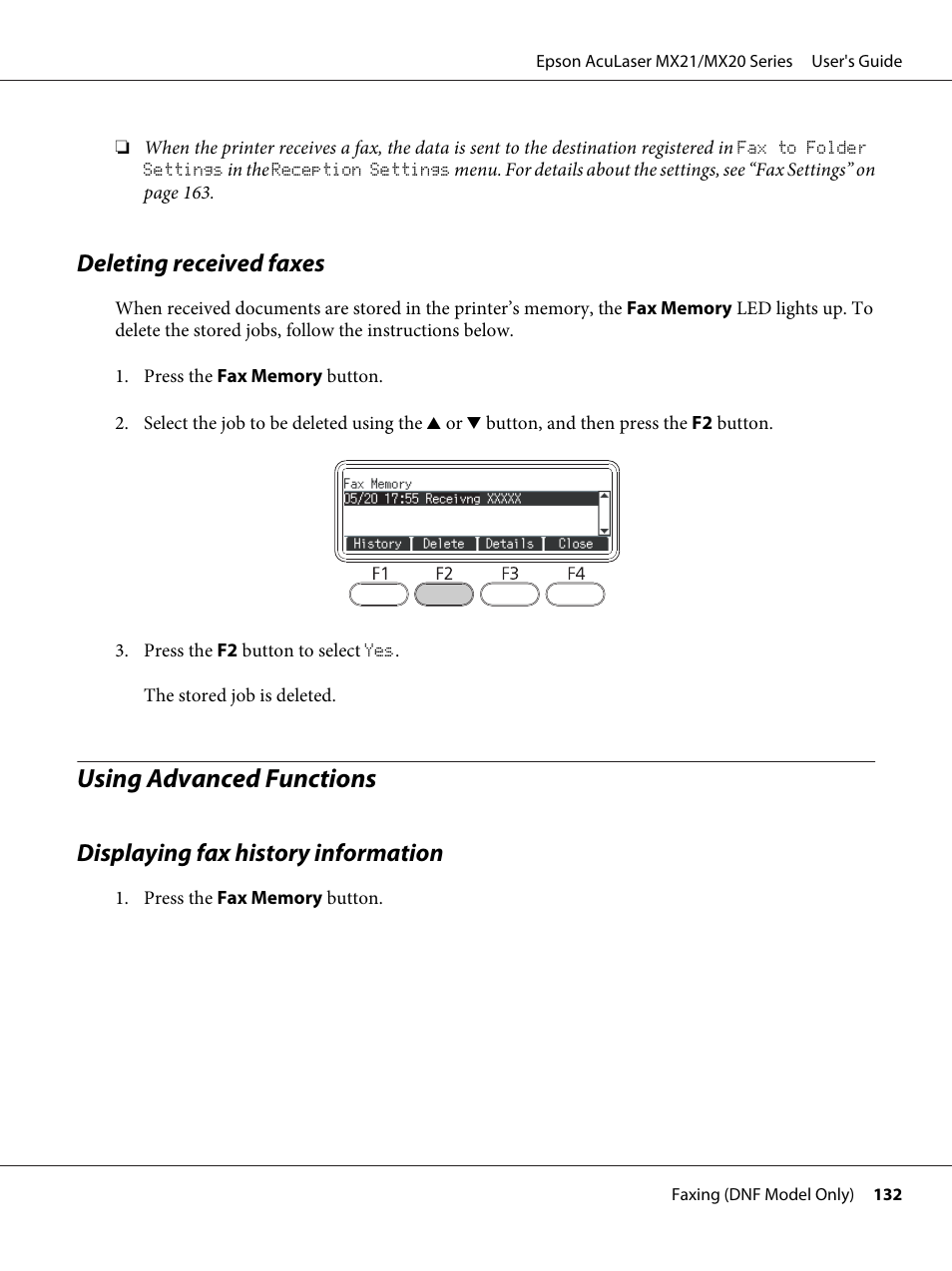 Deleting received faxes, Using advanced functions, Displaying fax history information | Epson AcuLaser MX20DNF User Manual | Page 132 / 286
