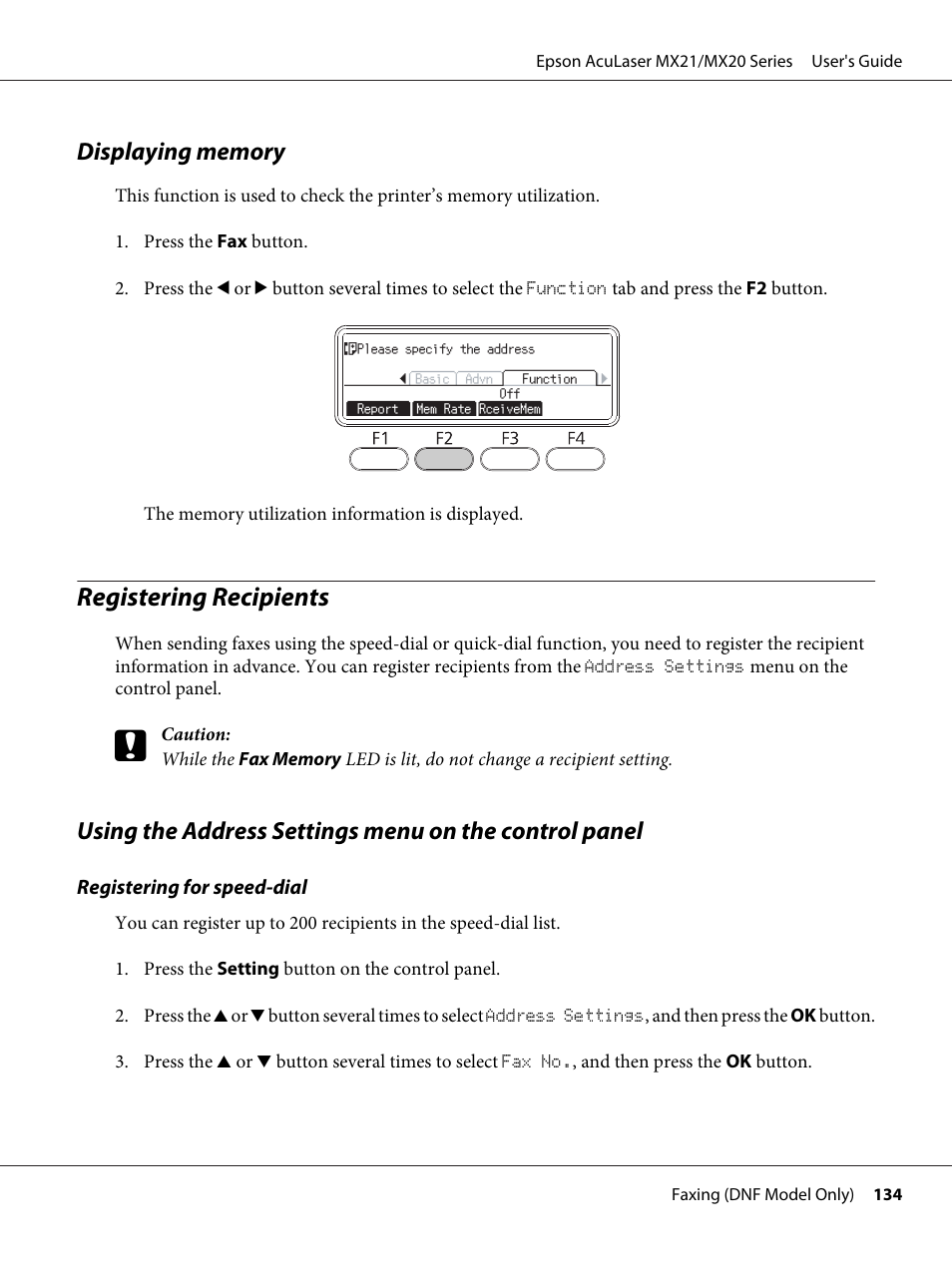 Displaying memory, Registering recipients | Epson AcuLaser MX20DNF User Manual | Page 134 / 286