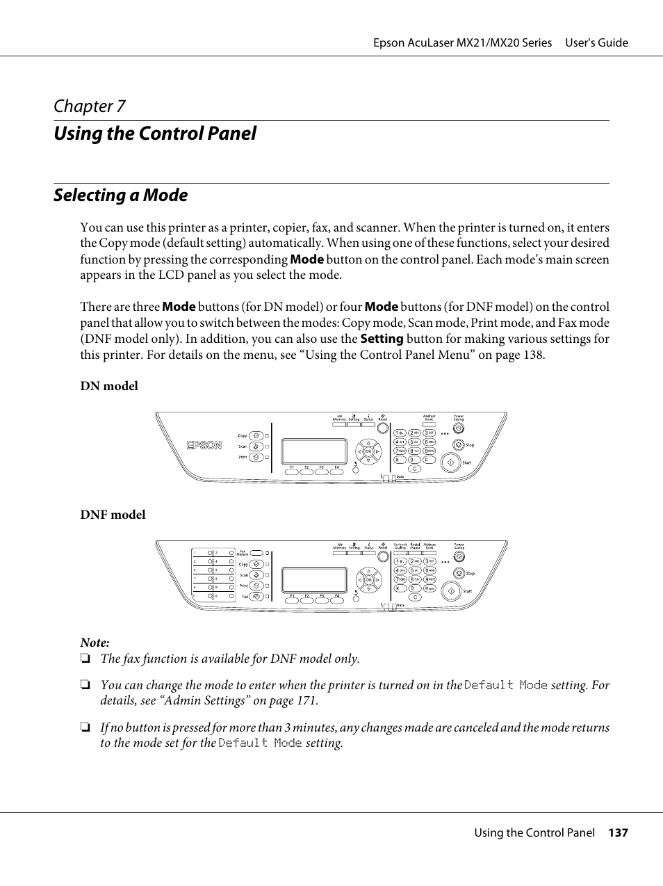 Using the control panel, Selecting a mode, Chapter 7 using the control panel | Chapter 7 | Epson AcuLaser MX20DNF User Manual | Page 137 / 286
