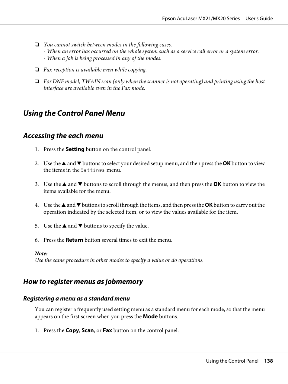 Using the control panel menu, Accessing the each menu, How to register menus as jobmemory | Epson AcuLaser MX20DNF User Manual | Page 138 / 286