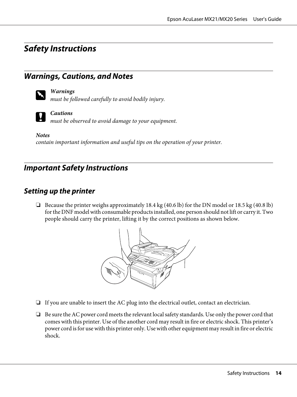 Safety instructions, Warnings, cautions, and notes, Important safety instructions | Setting up the printer | Epson AcuLaser MX20DNF User Manual | Page 14 / 286