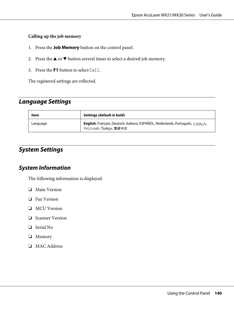 Language settings, System settings, System information | Language settings system settings | Epson AcuLaser MX20DNF User Manual | Page 140 / 286