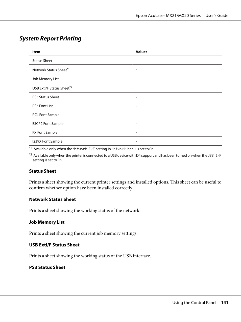 System report printing | Epson AcuLaser MX20DNF User Manual | Page 141 / 286