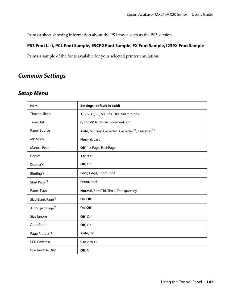 Common settings, Setup menu | Epson AcuLaser MX20DNF User Manual | Page 142 / 286