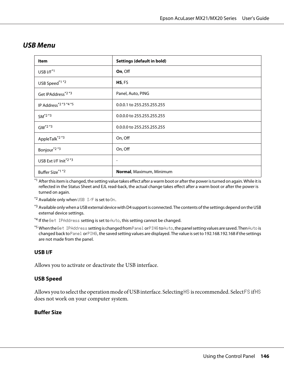 Usb menu | Epson AcuLaser MX20DNF User Manual | Page 146 / 286