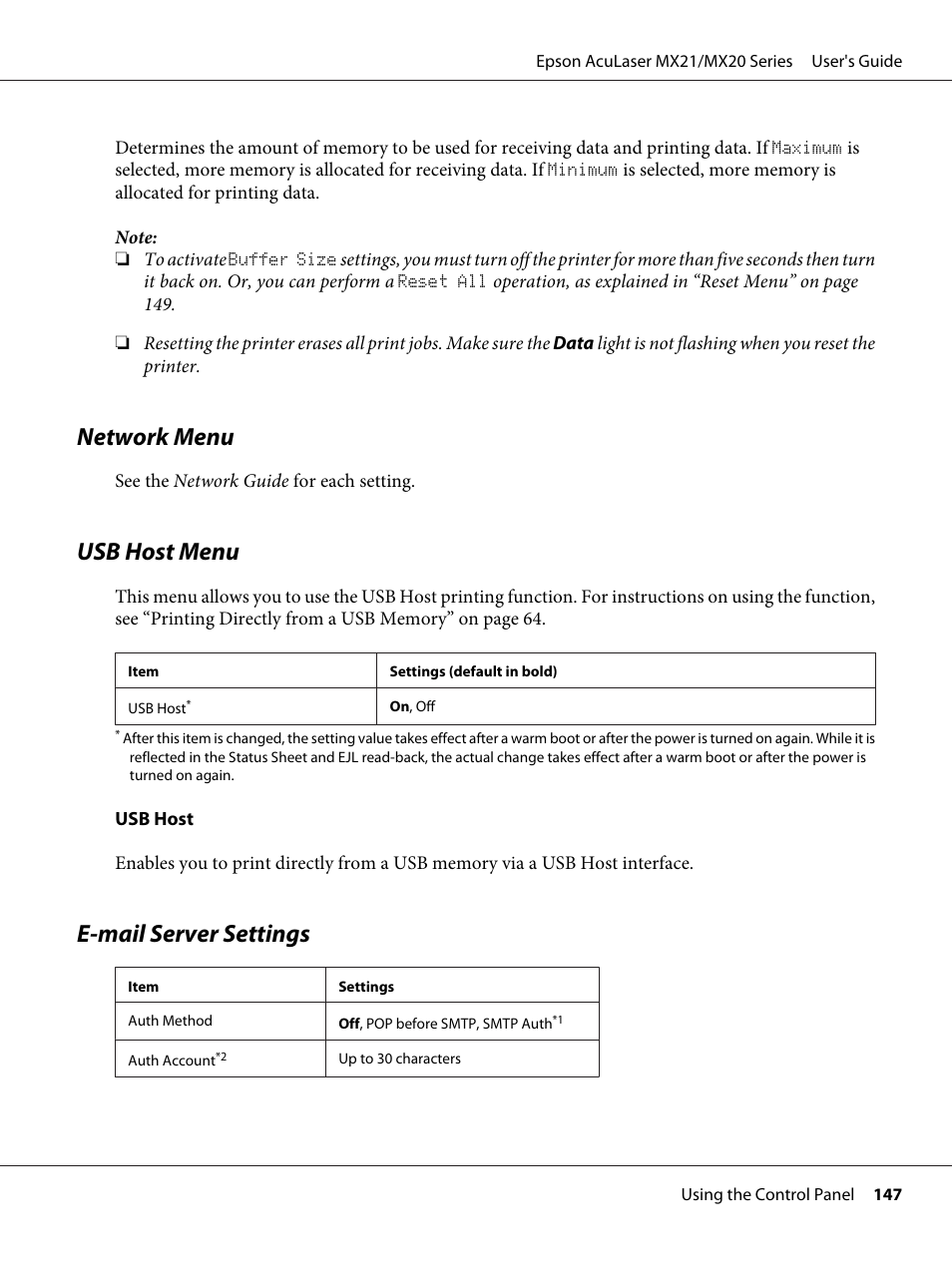 Network menu, Usb host menu, E-‍mail server settings | Network menu usb host menu e-mail server settings, E-mail server settings | Epson AcuLaser MX20DNF User Manual | Page 147 / 286