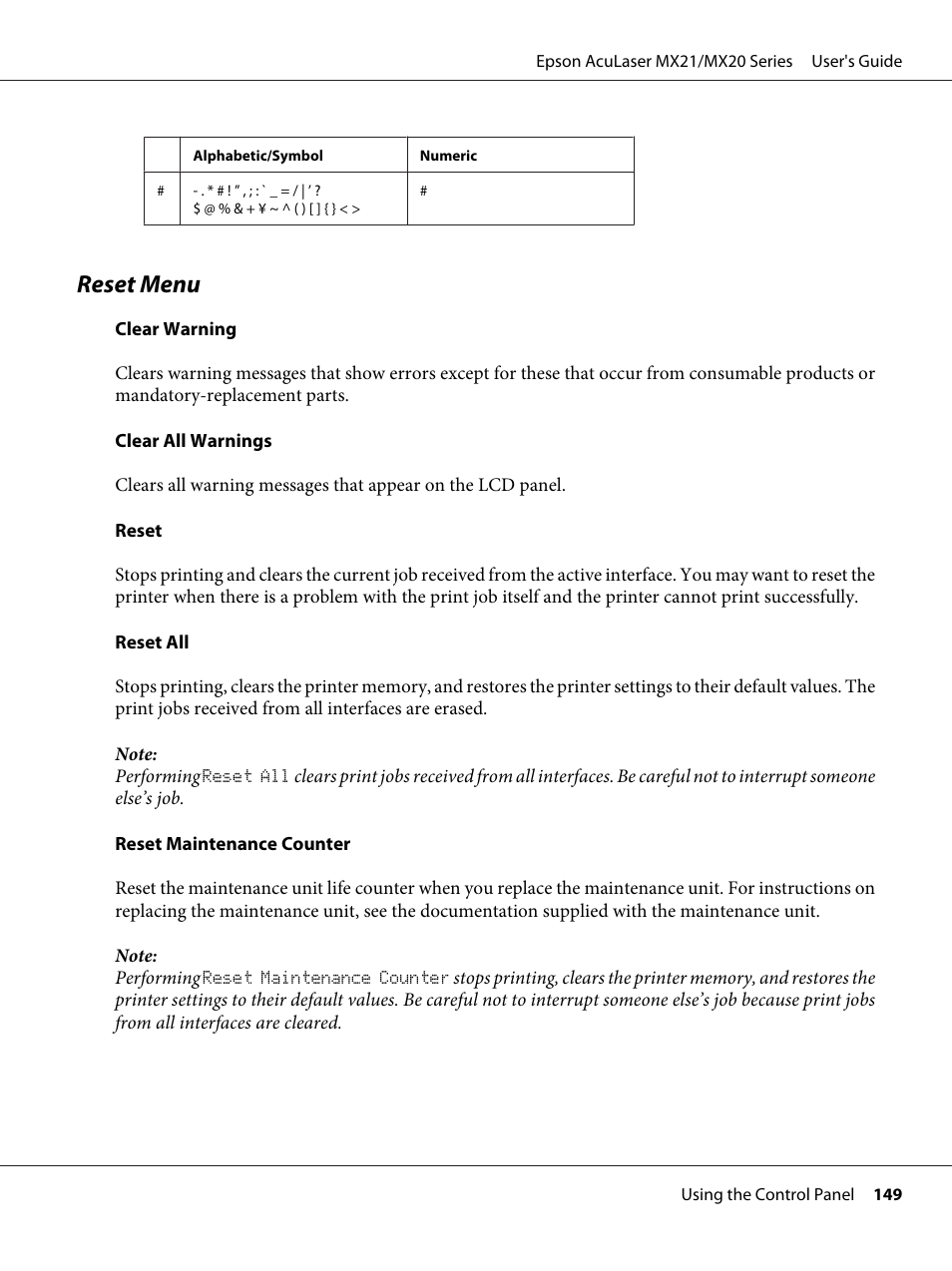 Reset menu | Epson AcuLaser MX20DNF User Manual | Page 149 / 286