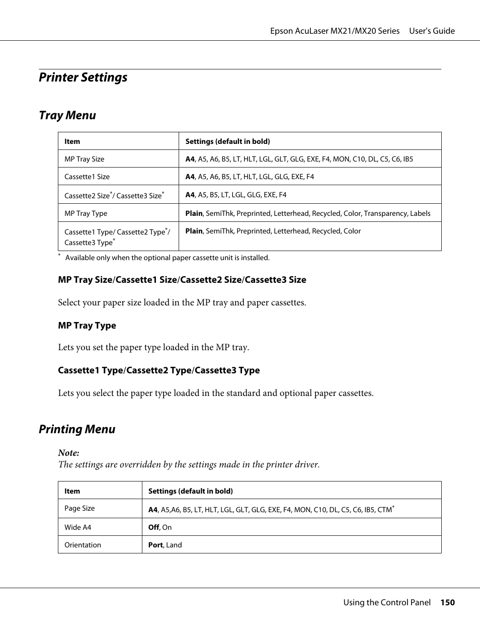 Printer settings, Tray menu, Printing menu | Tray menu printing menu | Epson AcuLaser MX20DNF User Manual | Page 150 / 286