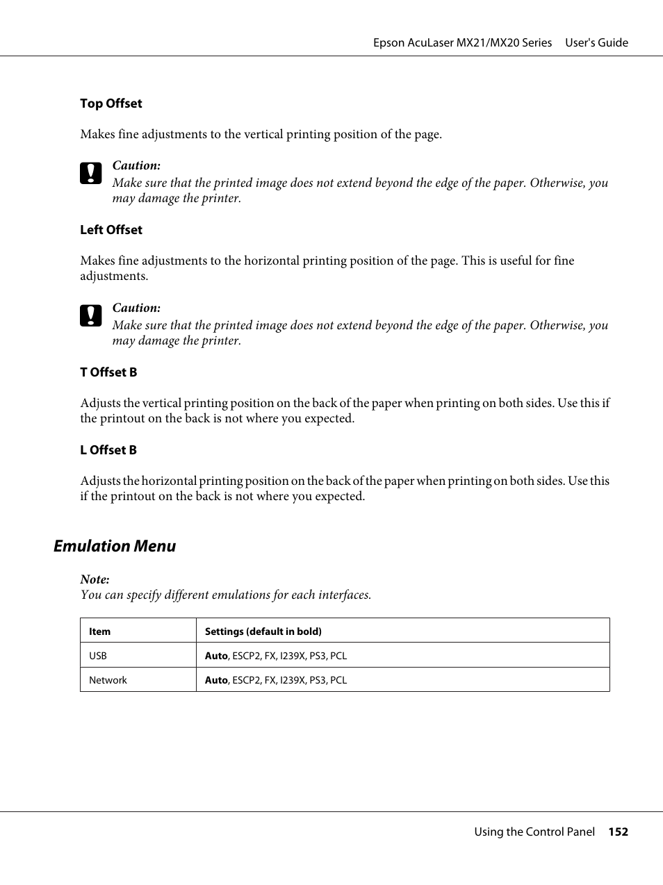 Emulation menu | Epson AcuLaser MX20DNF User Manual | Page 152 / 286