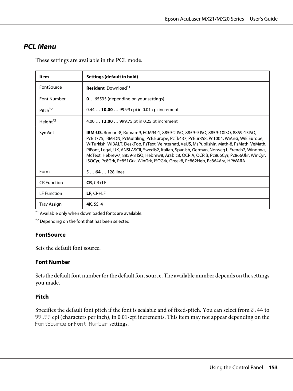 Pcl menu | Epson AcuLaser MX20DNF User Manual | Page 153 / 286