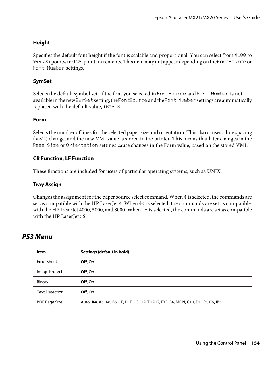 Ps3 menu | Epson AcuLaser MX20DNF User Manual | Page 154 / 286