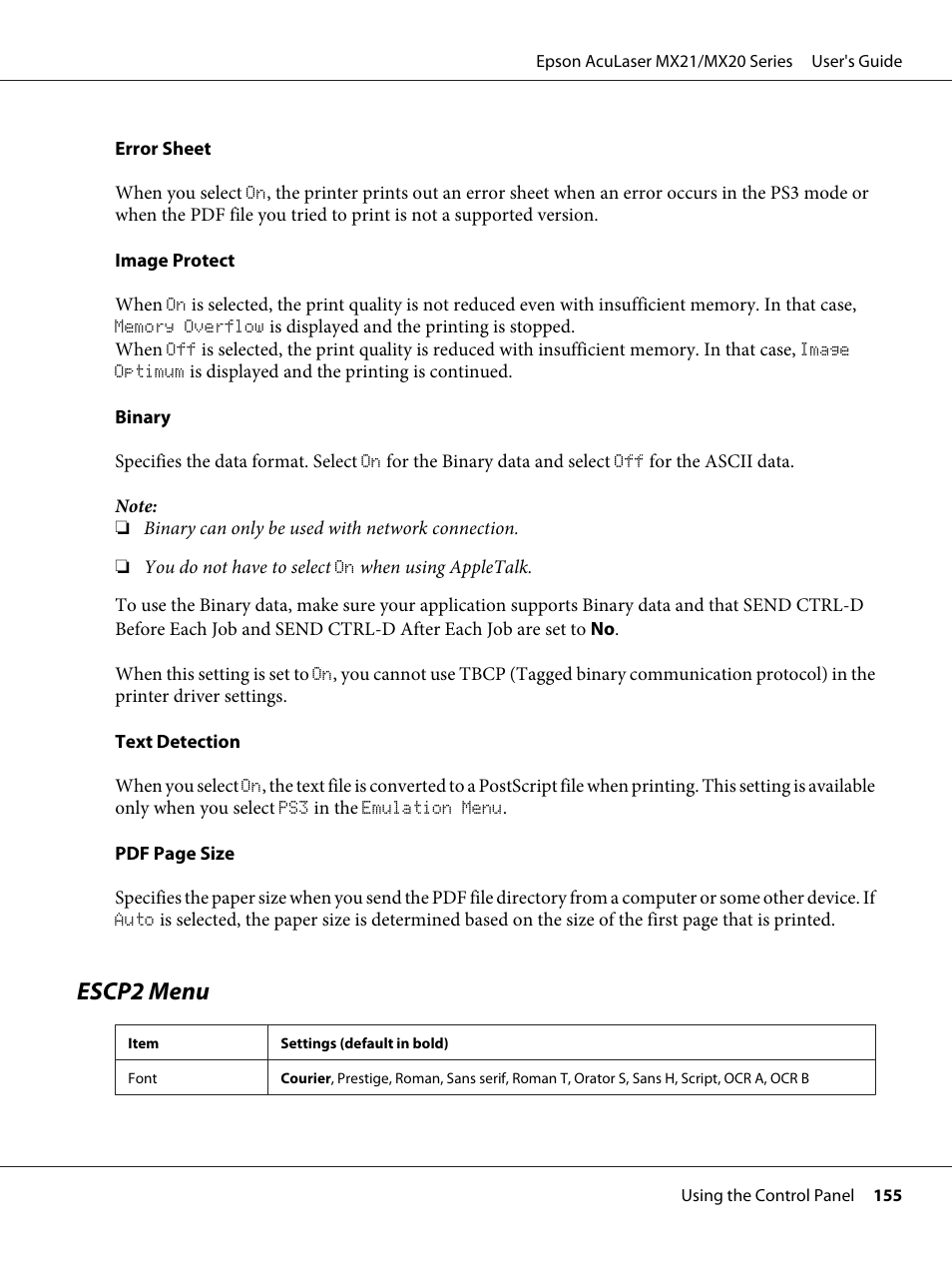 Escp2 menu | Epson AcuLaser MX20DNF User Manual | Page 155 / 286