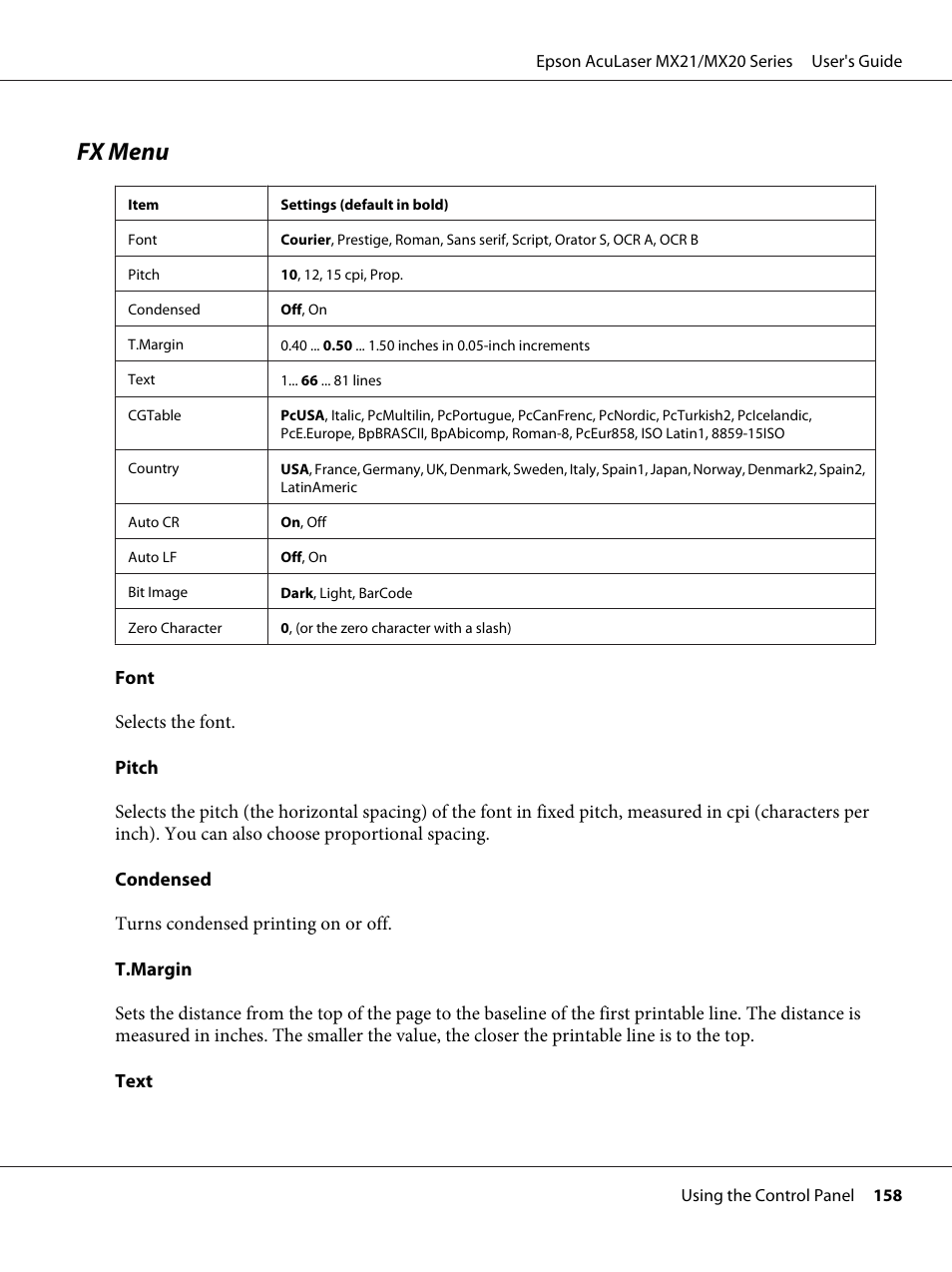 Fx menu | Epson AcuLaser MX20DNF User Manual | Page 158 / 286