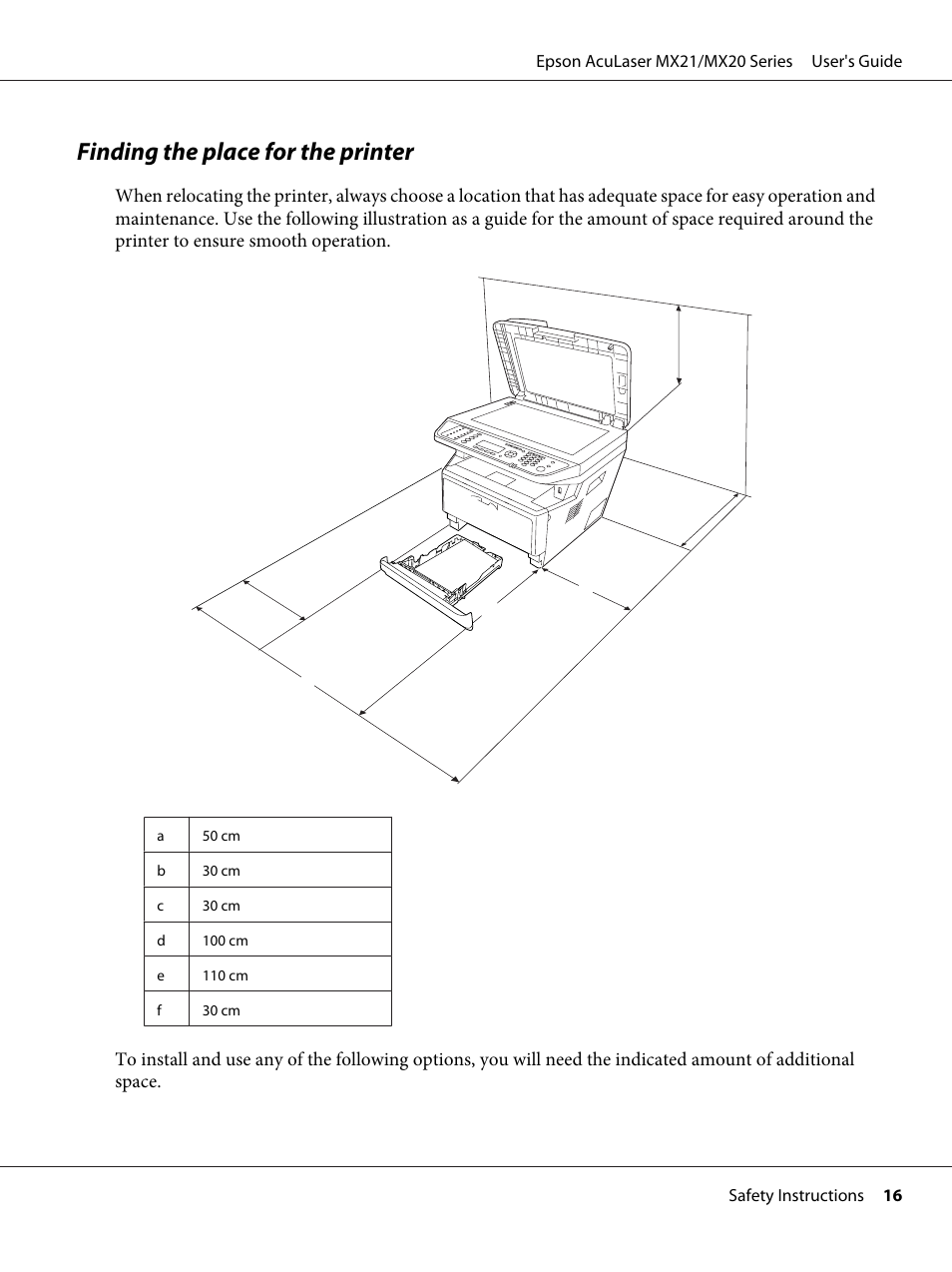 Finding the place for the printer | Epson AcuLaser MX20DNF User Manual | Page 16 / 286