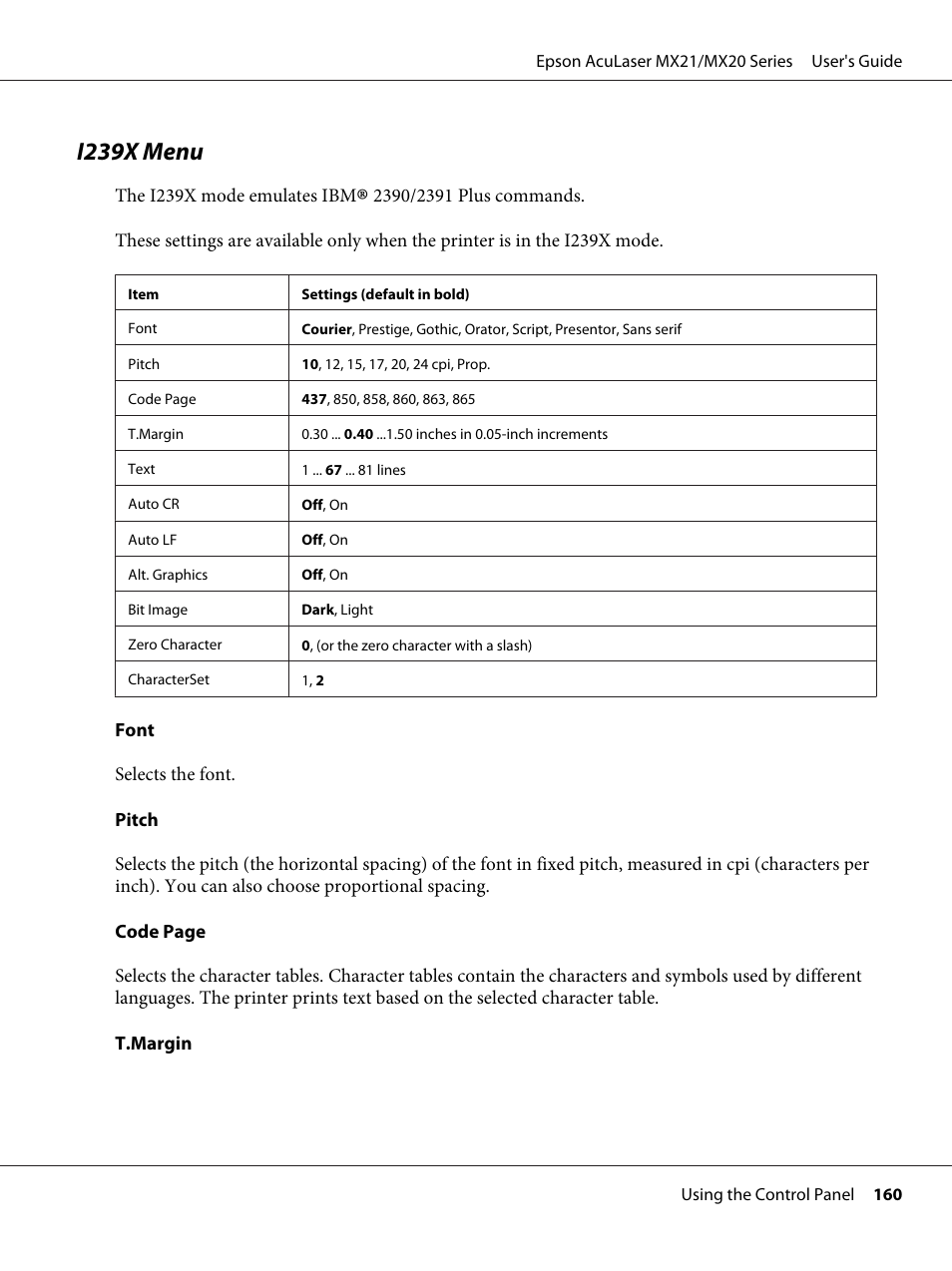 I239x menu | Epson AcuLaser MX20DNF User Manual | Page 160 / 286