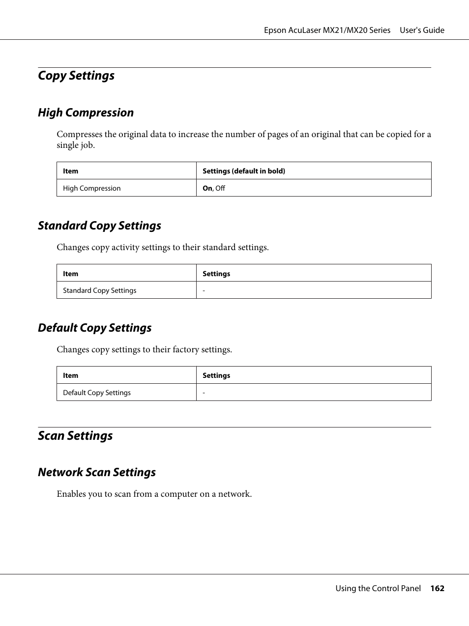 Copy settings, High compression, Standard copy settings | Default copy settings, Scan settings, Network scan settings | Epson AcuLaser MX20DNF User Manual | Page 162 / 286