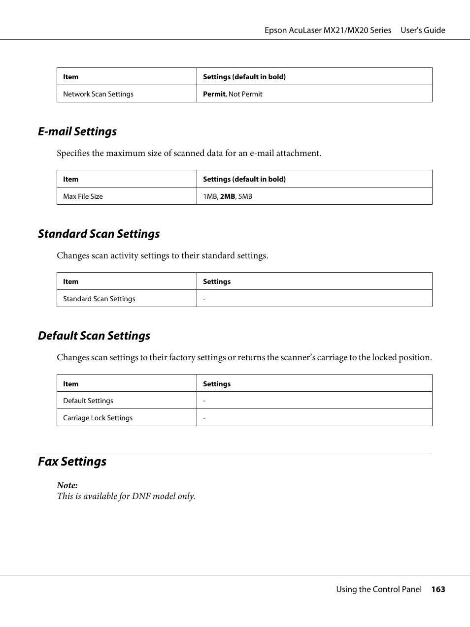 E-‍mail settings, Standard scan settings, Default scan settings | Fax settings, E-mail settings | Epson AcuLaser MX20DNF User Manual | Page 163 / 286
