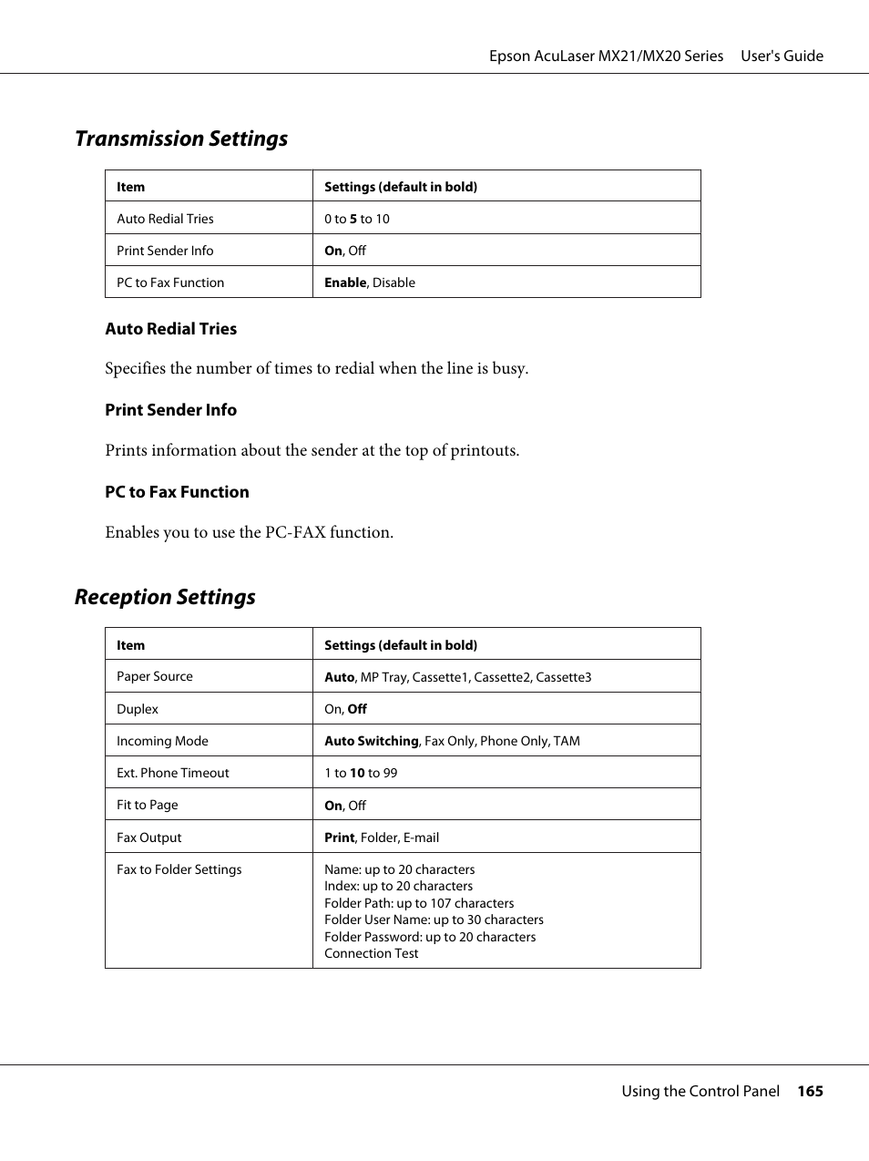 Transmission settings, Reception settings, Transmission settings reception settings | Epson AcuLaser MX20DNF User Manual | Page 165 / 286