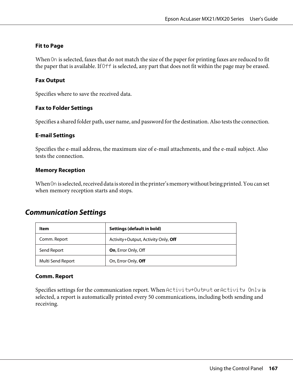 Communication settings | Epson AcuLaser MX20DNF User Manual | Page 167 / 286
