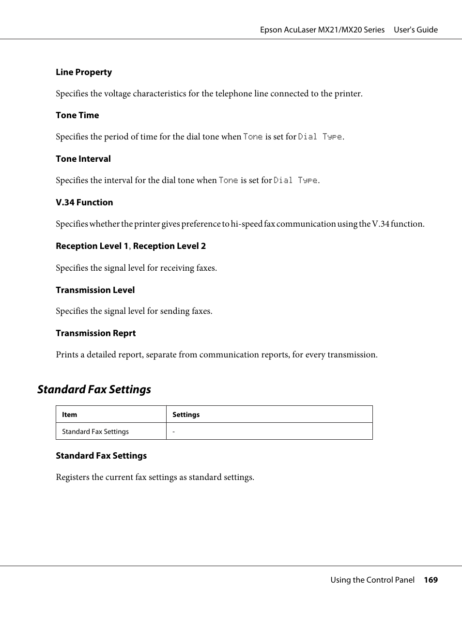 Standard fax settings | Epson AcuLaser MX20DNF User Manual | Page 169 / 286