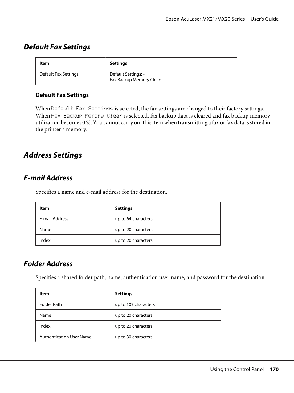 Default fax settings, Address settings, E-‍mail address | Folder address, E-mail address folder address, E-mail address | Epson AcuLaser MX20DNF User Manual | Page 170 / 286