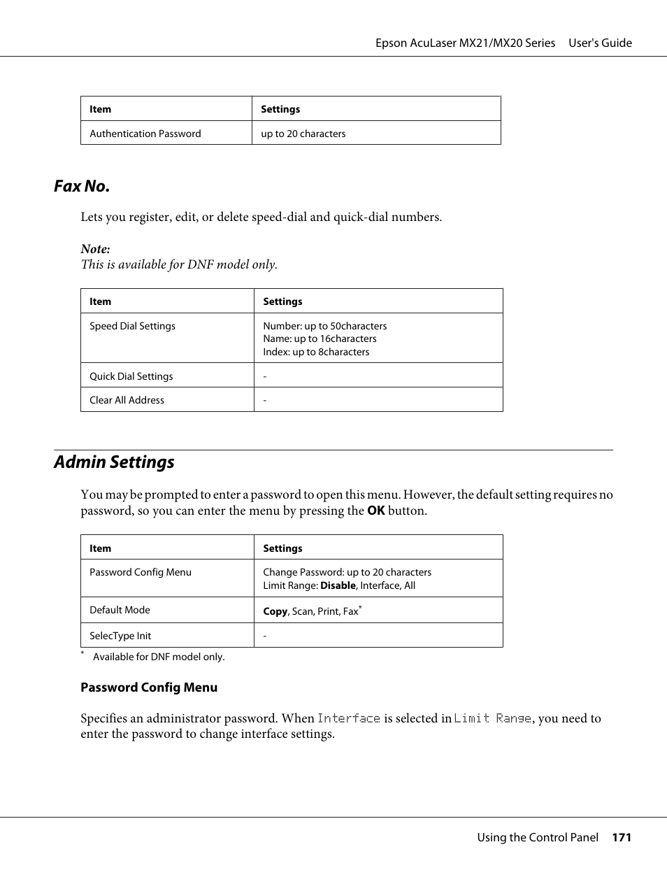 Fax no, Admin settings | Epson AcuLaser MX20DNF User Manual | Page 171 / 286
