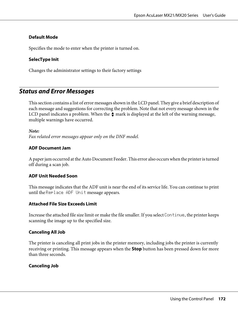 Status and error messages | Epson AcuLaser MX20DNF User Manual | Page 172 / 286