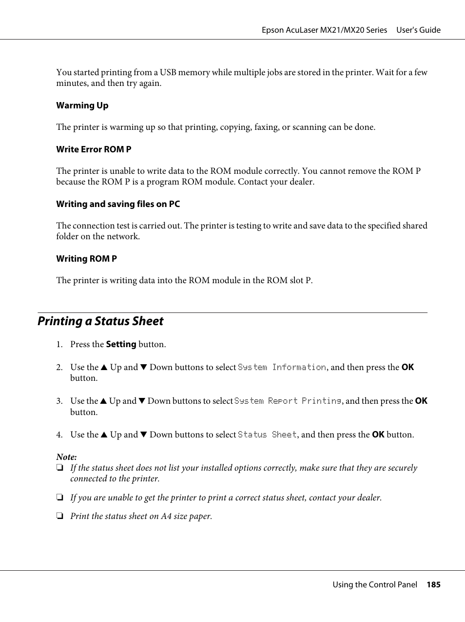 Printing a status sheet | Epson AcuLaser MX20DNF User Manual | Page 185 / 286