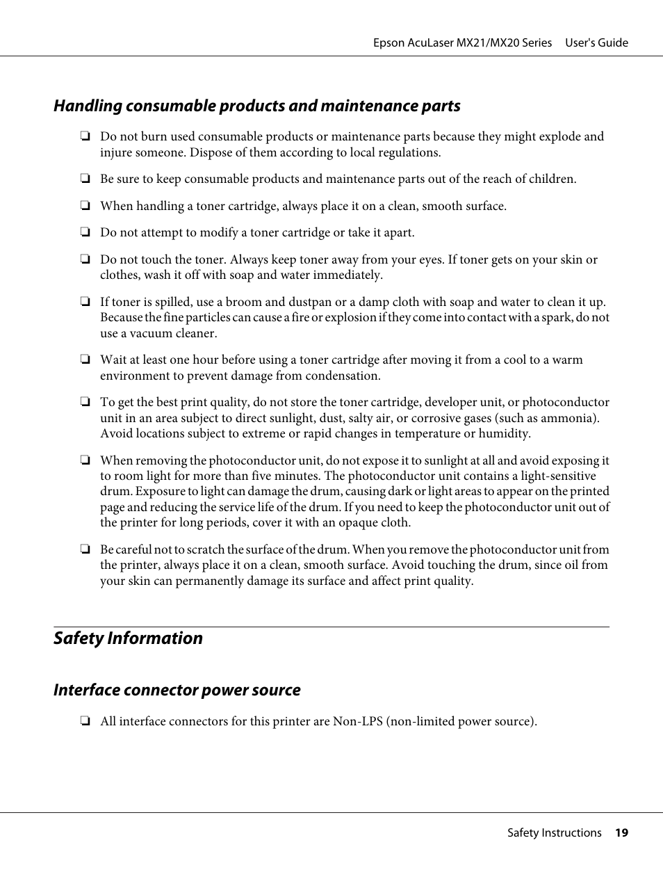 Handling consumable products and maintenance parts, Safety information, Interface connector power source | Epson AcuLaser MX20DNF User Manual | Page 19 / 286