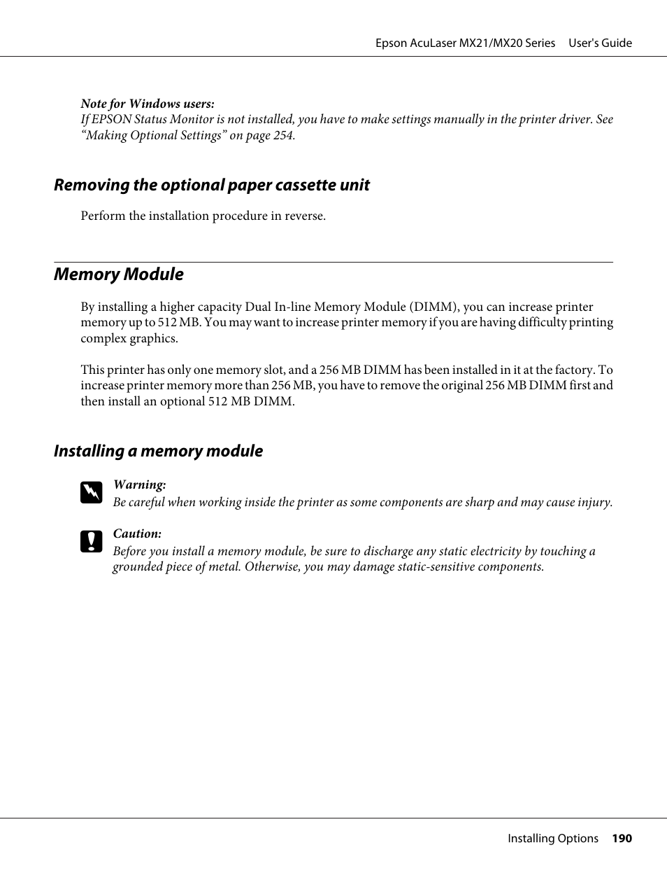 Removing the optional paper cassette unit, Memory module, Installing a memory module | Epson AcuLaser MX20DNF User Manual | Page 190 / 286
