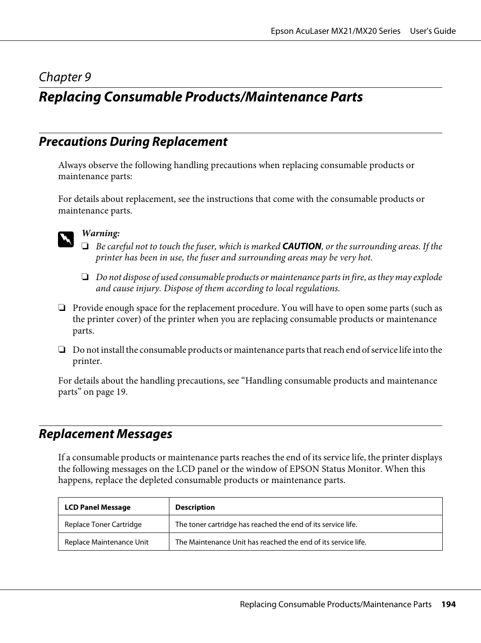 Replacing consumable products/maintenance parts, Precautions during replacement, Replacement messages | Chapter 9 | Epson AcuLaser MX20DNF User Manual | Page 194 / 286