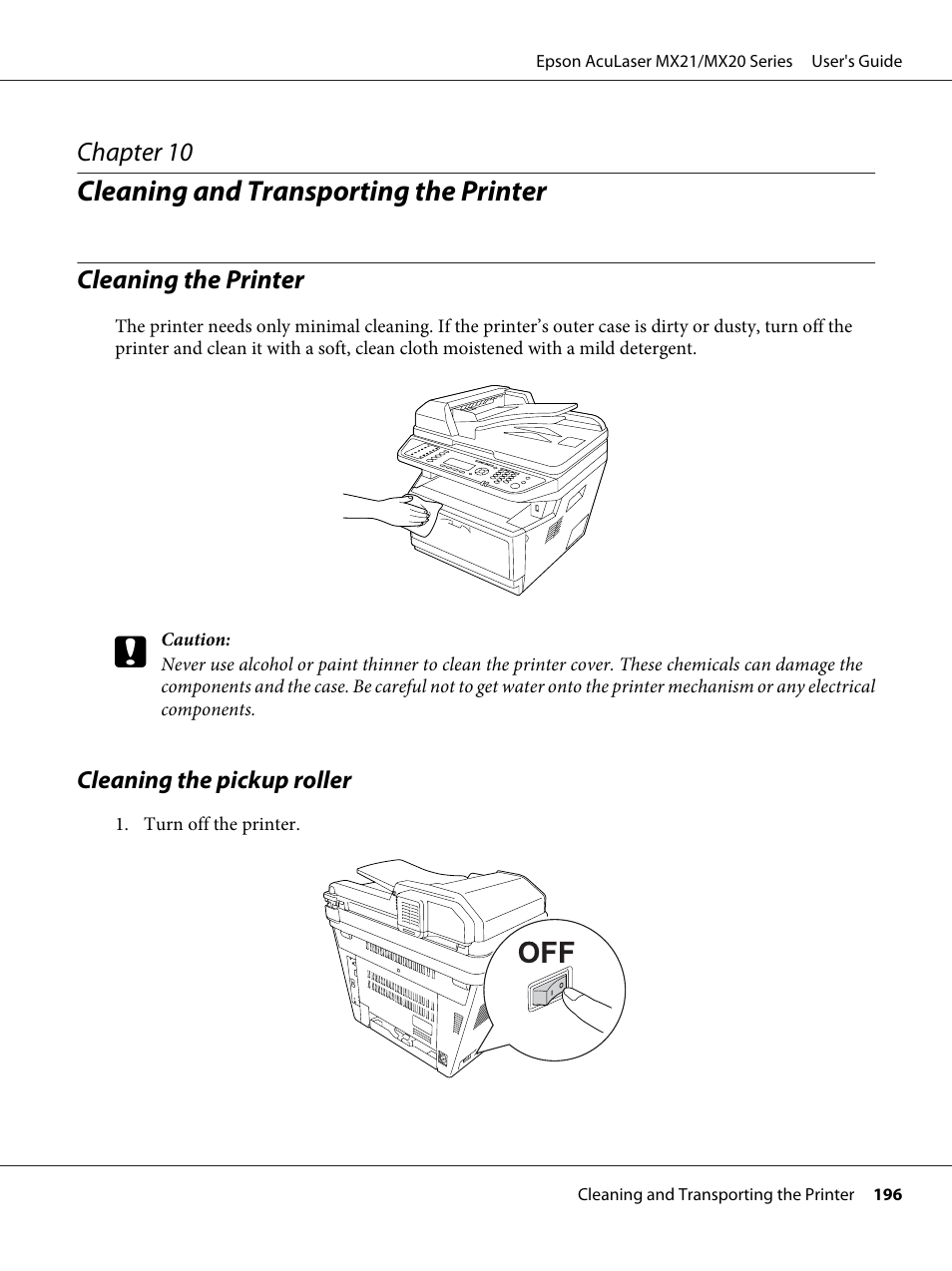 Cleaning and transporting the printer, Cleaning the printer, Cleaning the pickup roller | Chapter 10 cleaning and transporting the printer | Epson AcuLaser MX20DNF User Manual | Page 196 / 286