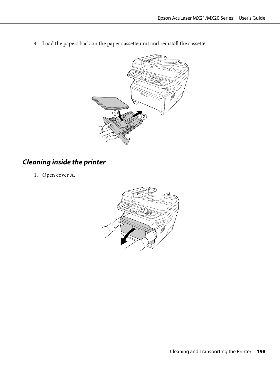 Cleaning inside the printer | Epson AcuLaser MX20DNF User Manual | Page 198 / 286