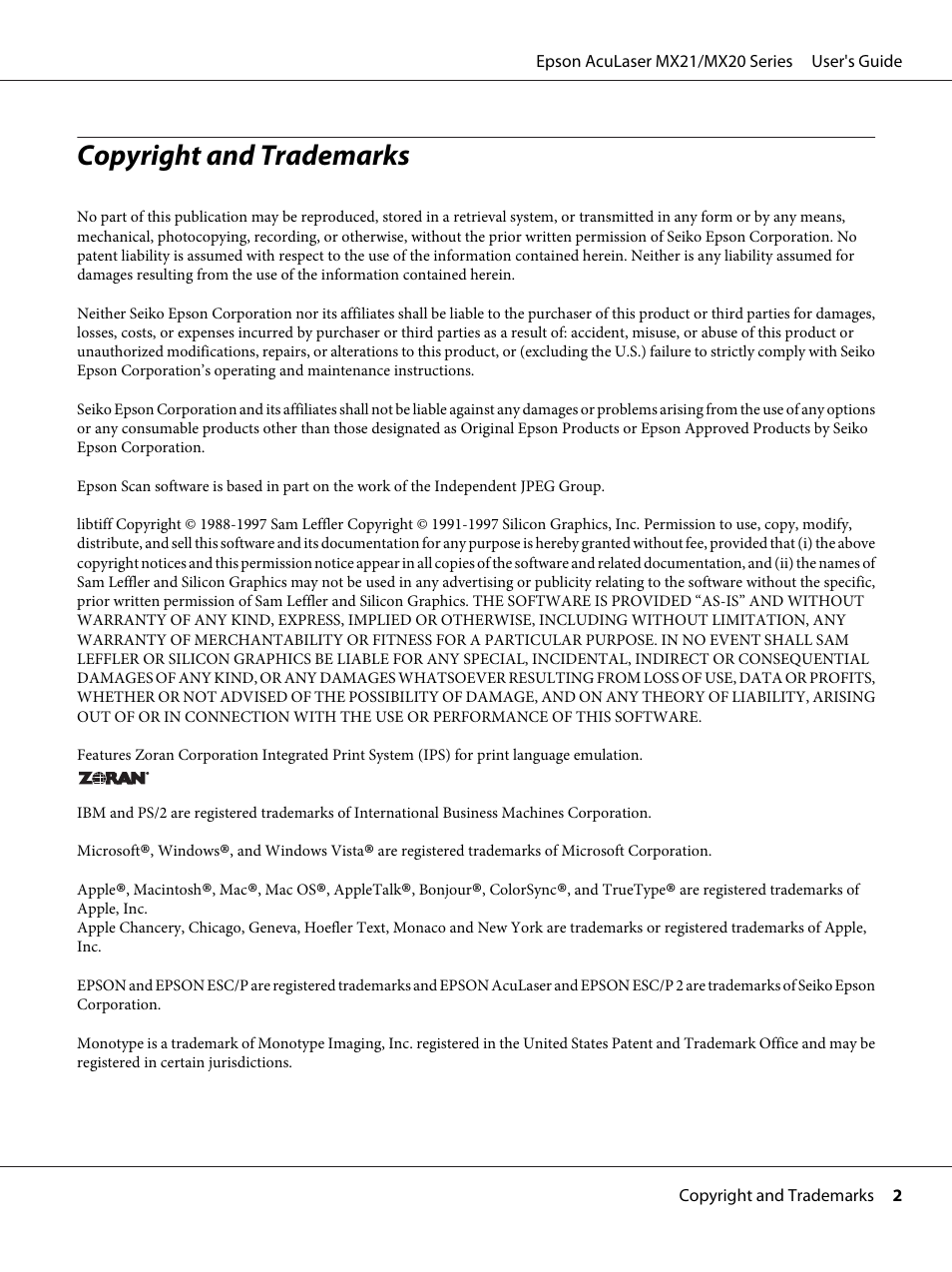Copyright and trademarks | Epson AcuLaser MX20DNF User Manual | Page 2 / 286