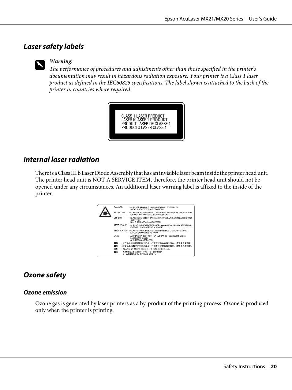 Laser safety labels, Internal laser radiation, Ozone safety | Epson AcuLaser MX20DNF User Manual | Page 20 / 286