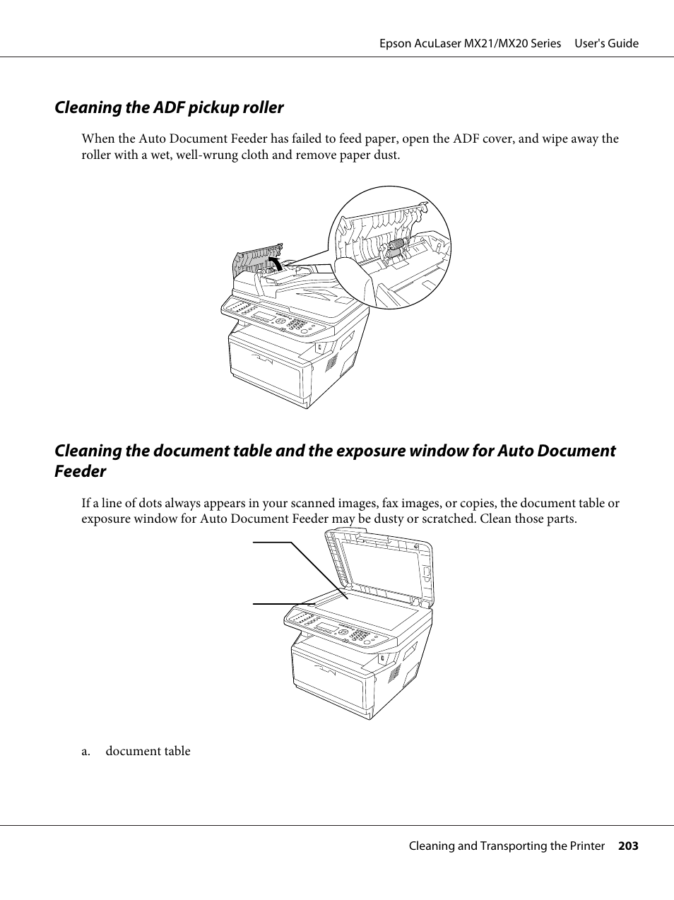 Cleaning the adf pickup roller | Epson AcuLaser MX20DNF User Manual | Page 203 / 286