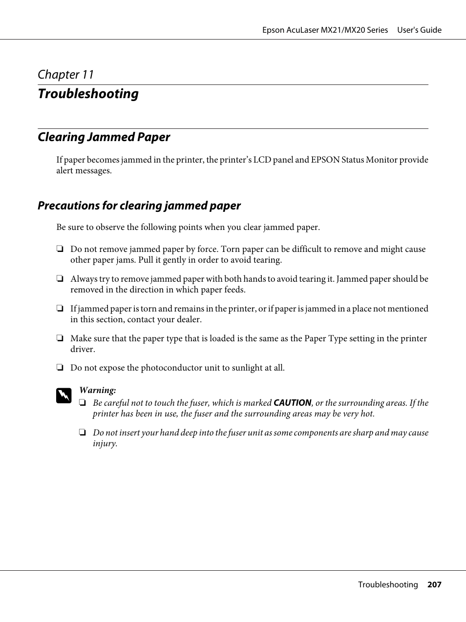 Troubleshooting, Clearing jammed paper, Precautions for clearing jammed paper | Chapter 11 troubleshooting, Chapter 11 | Epson AcuLaser MX20DNF User Manual | Page 207 / 286