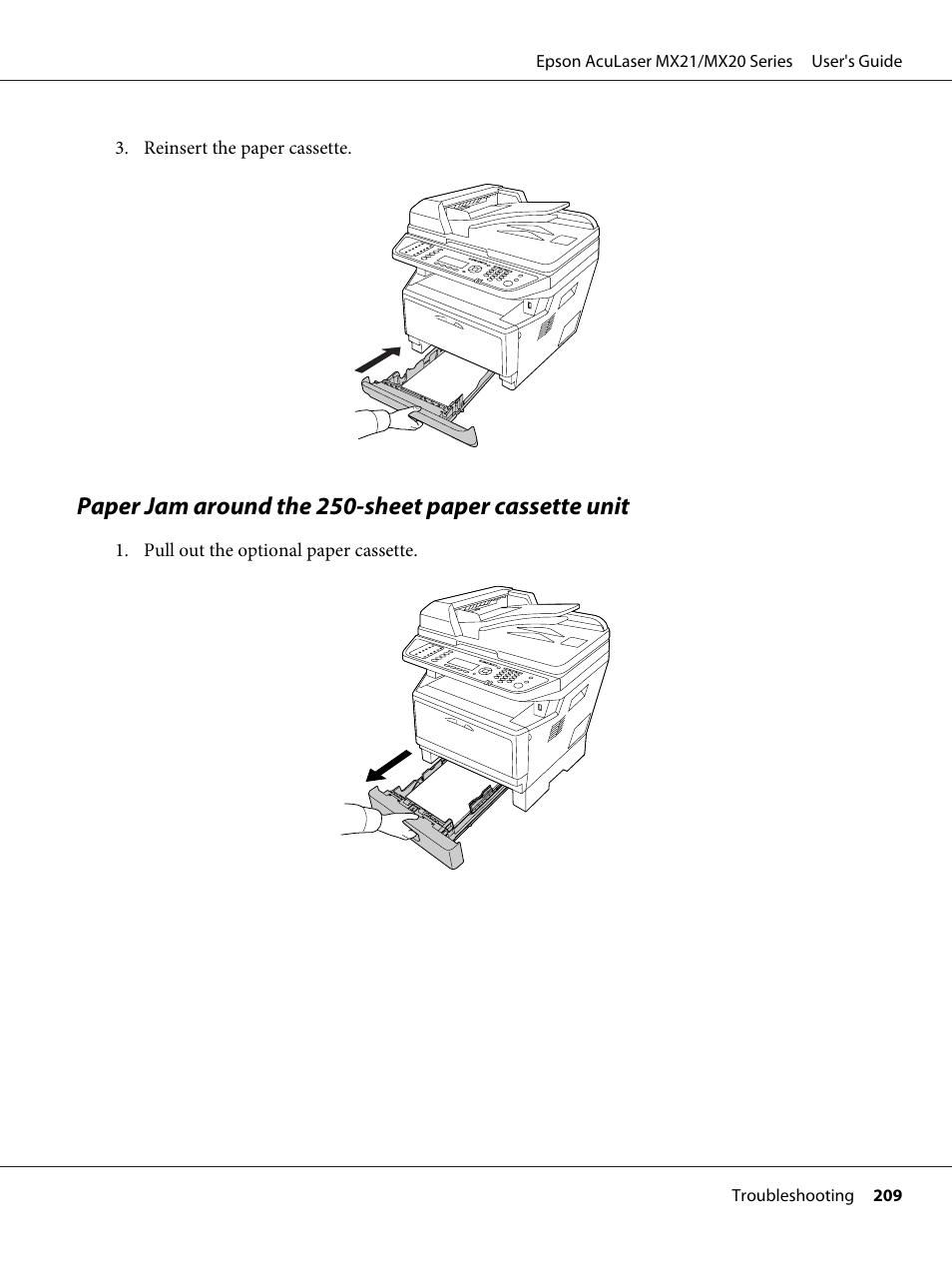 Paper jam around the 250-sheet paper cassette unit | Epson AcuLaser MX20DNF User Manual | Page 209 / 286