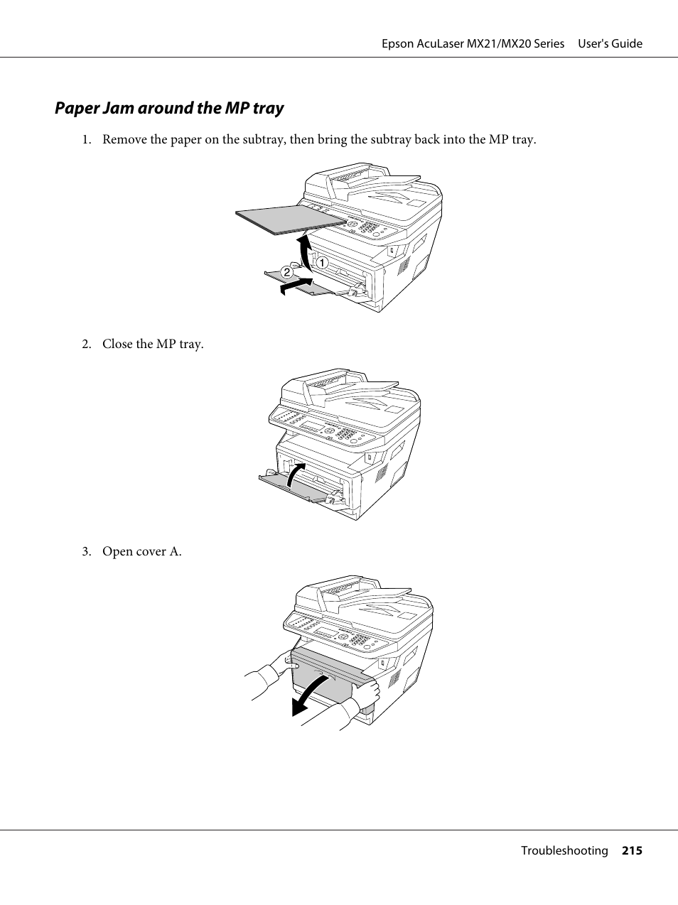 Paper jam around the mp tray | Epson AcuLaser MX20DNF User Manual | Page 215 / 286